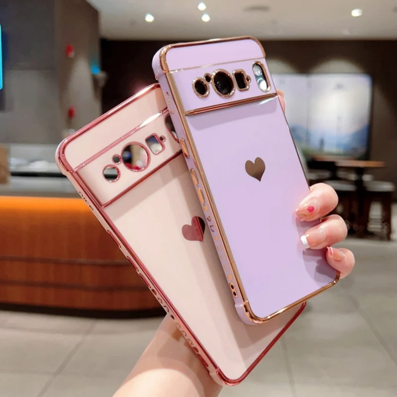 For Google Pixel 8 Pro Case TPU Phone Back Cover Electroplating Heart Pattern - Ivory White