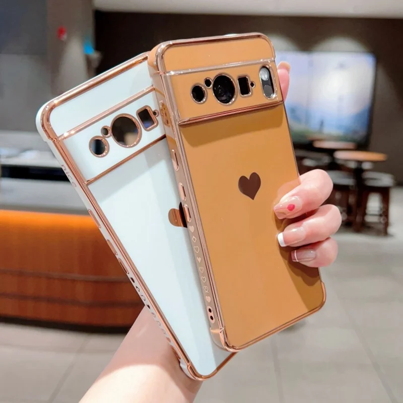 For Google Pixel 8 Pro Case TPU Phone Back Cover Electroplating Heart Pattern - Ivory White
