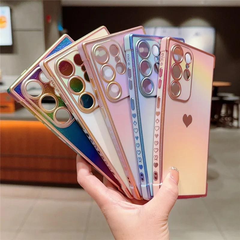 For Samsung Galaxy S24 Ultra Case Dazzling Design Electroplating Heart Pattern TPU Phone Cover - Pink