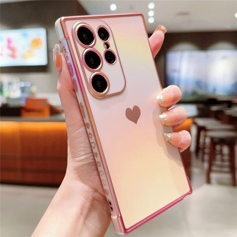 For Samsung Galaxy S24 Ultra Case Dazzling Design Electroplating Heart Pattern TPU Phone Cover - Pink