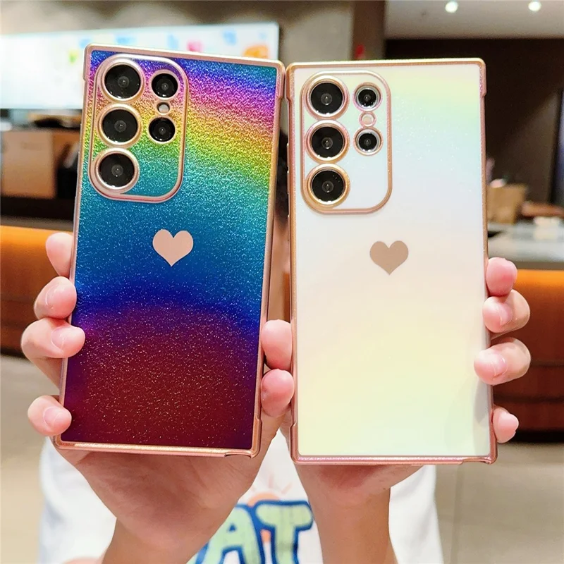 For Samsung Galaxy S24 Ultra Case Dazzling Design Electroplating Heart Pattern TPU Phone Cover - Pink