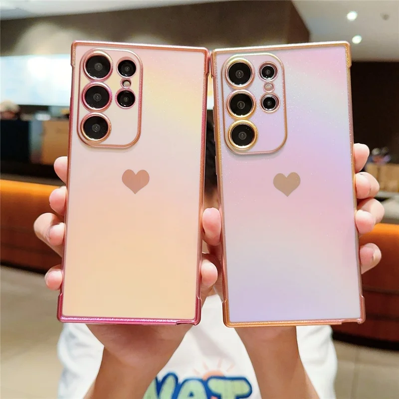 For Samsung Galaxy S24 Ultra Case Dazzling Design Electroplating Heart Pattern TPU Phone Cover - Pink