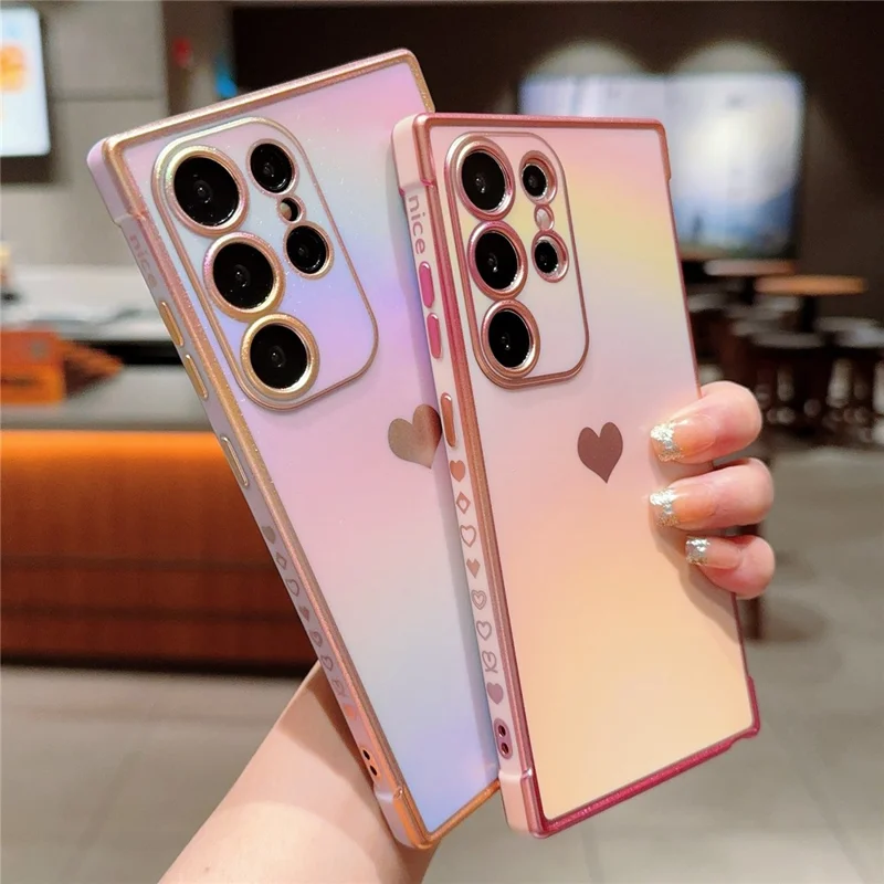 For Samsung Galaxy S24 Ultra Case Dazzling Design Electroplating Heart Pattern TPU Phone Cover - Pink