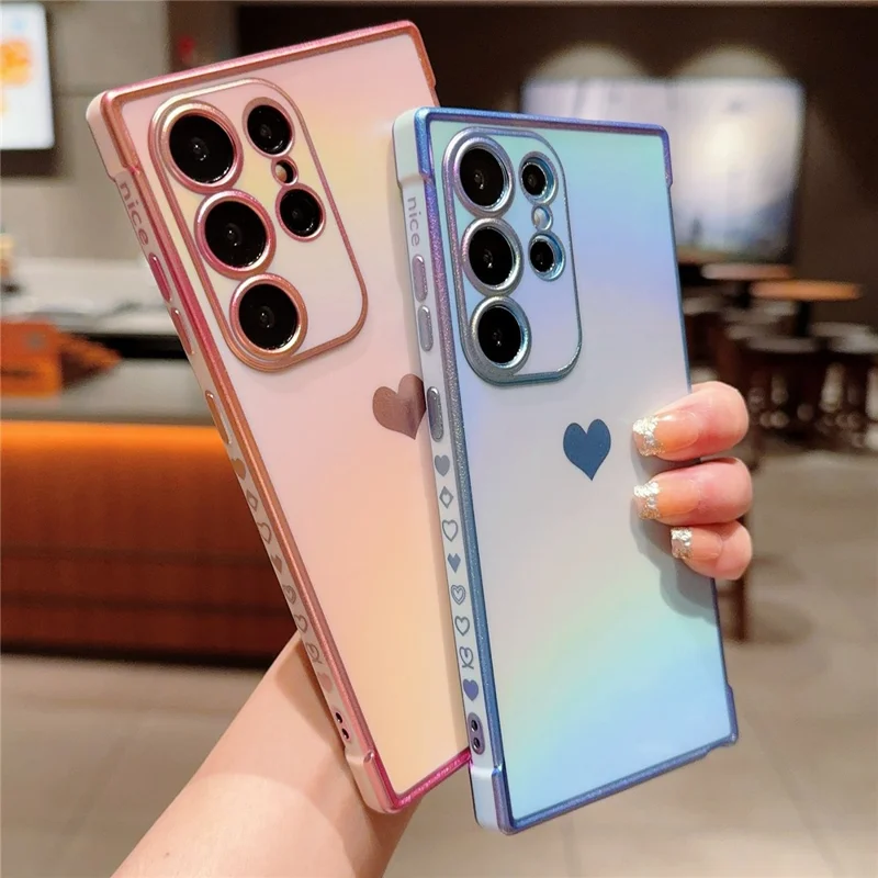 For Samsung Galaxy S24 Ultra Case Dazzling Design Electroplating Heart Pattern TPU Phone Cover - Pink