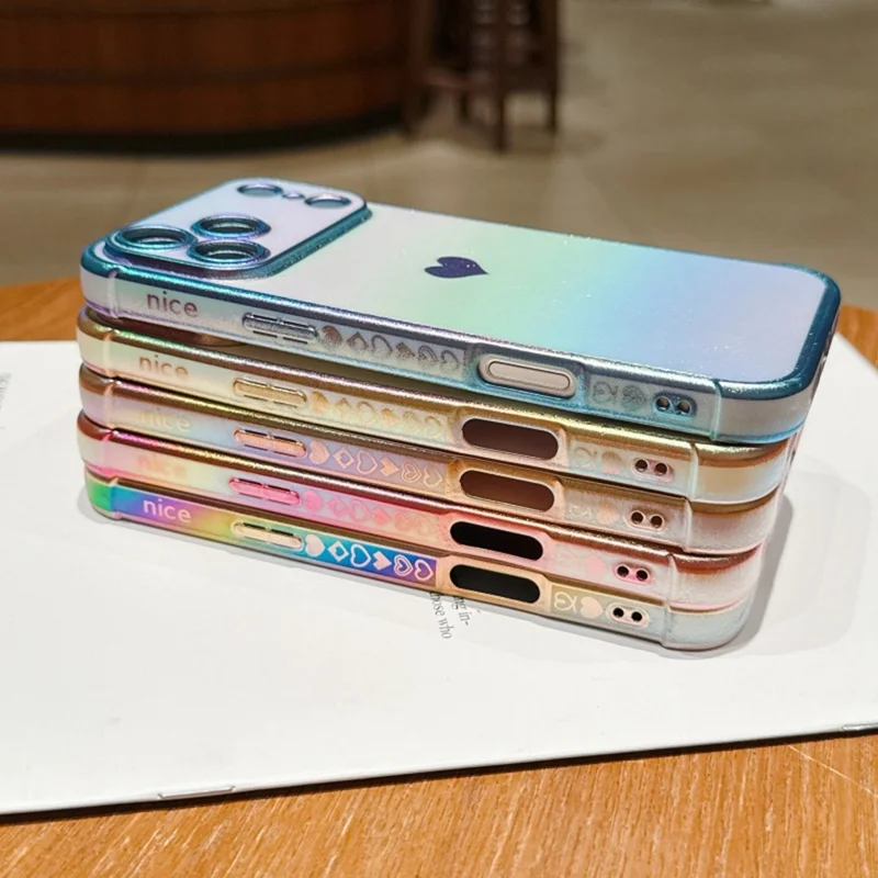 For iPhone 17 Pro Max Case Dazzling Design Electroplating Heart Pattern TPU Phone Cover - Blue
