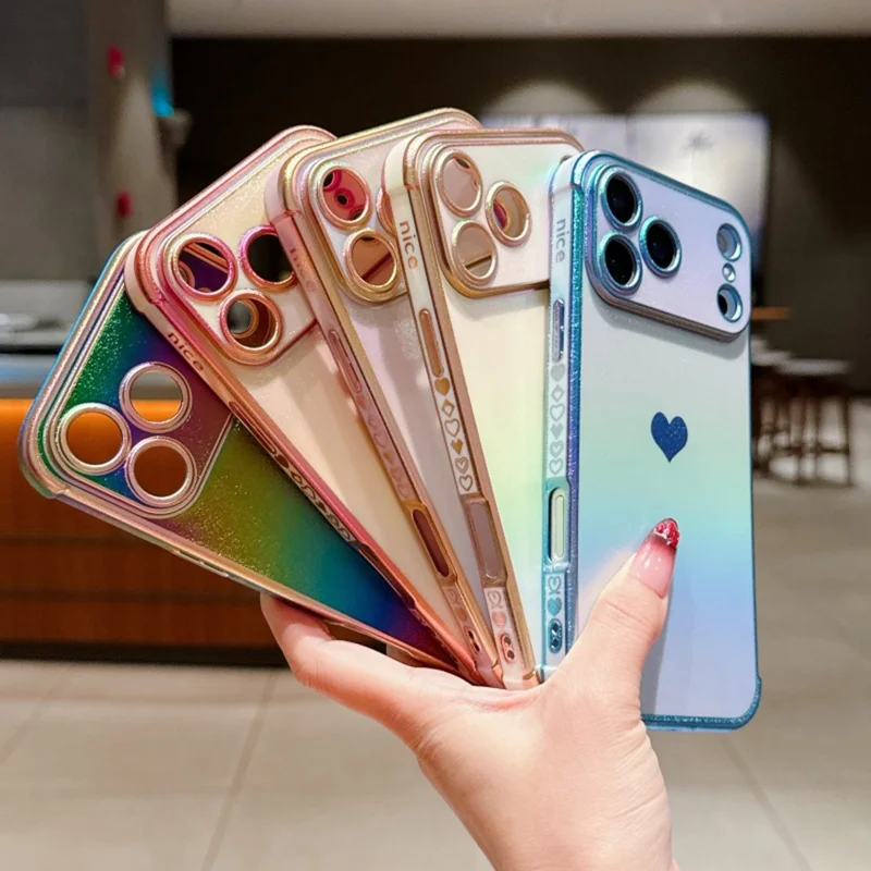 For iPhone 17 Pro Max Case Dazzling Design Electroplating Heart Pattern TPU Phone Cover - Blue