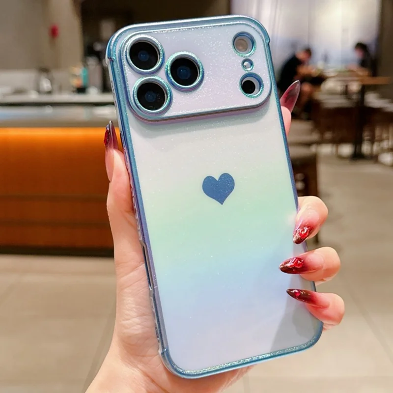 For iPhone 17 Pro Max Case Dazzling Design Electroplating Heart Pattern TPU Phone Cover - Blue