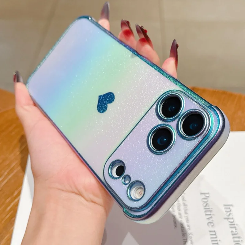 For iPhone 17 Pro Max Case Dazzling Design Electroplating Heart Pattern TPU Phone Cover - Blue