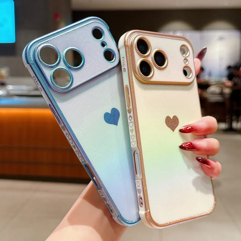 For iPhone 17 Pro Max Case Dazzling Design Electroplating Heart Pattern TPU Phone Cover - Blue