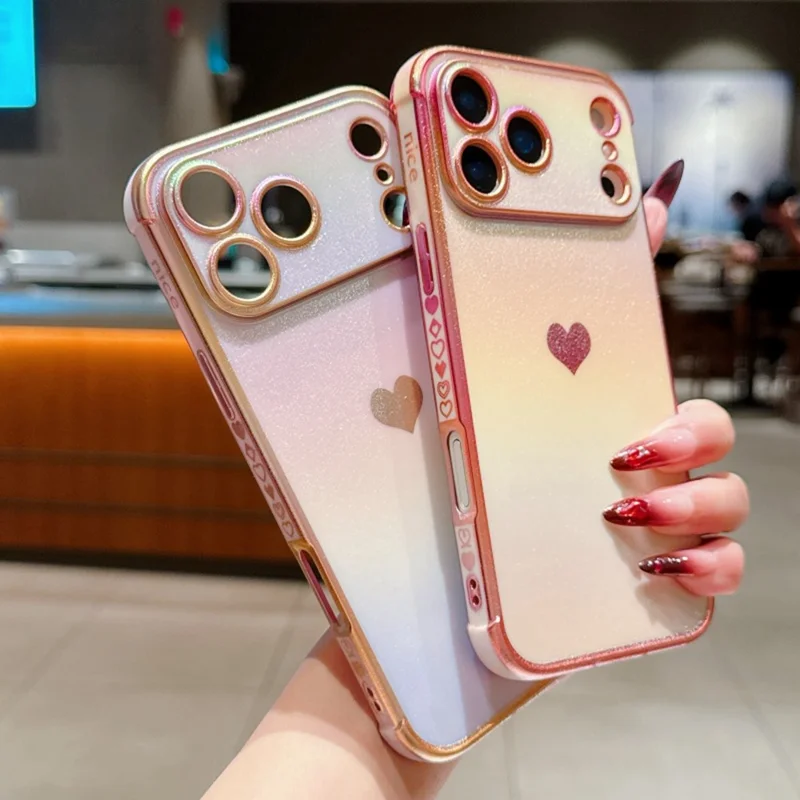For iPhone 17 Pro Max Case Dazzling Design Electroplating Heart Pattern TPU Phone Cover - Blue