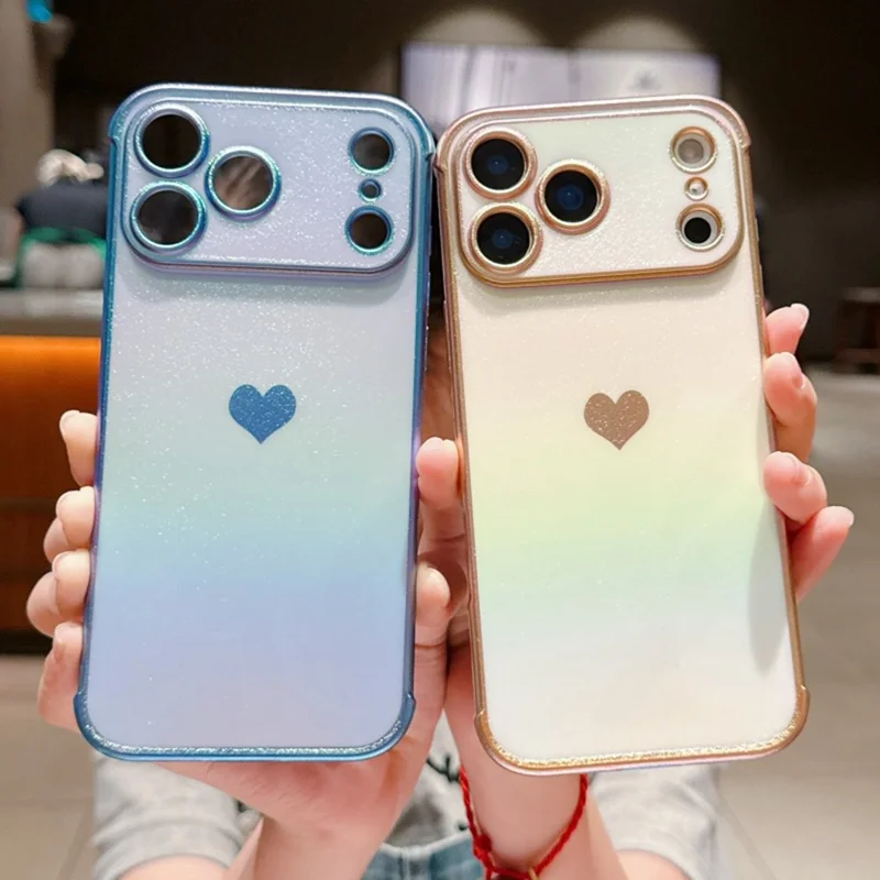 For iPhone 17 Pro Max Case Dazzling Design Electroplating Heart Pattern TPU Phone Cover - Blue
