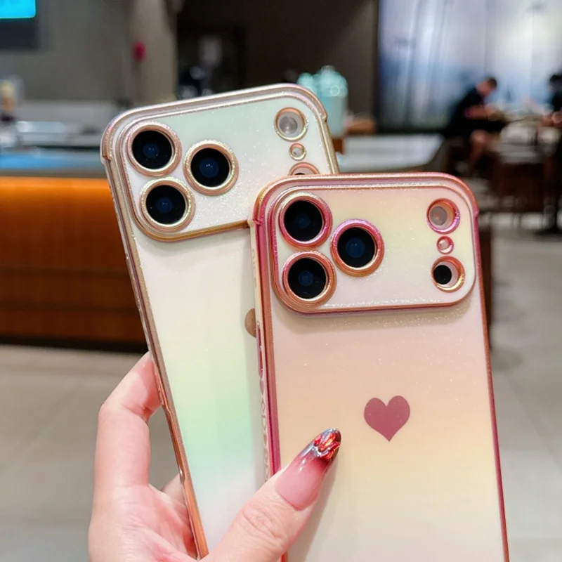 For iPhone 17 Pro Max Case Dazzling Design Electroplating Heart Pattern TPU Phone Cover - Blue