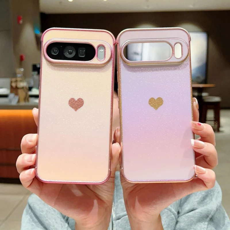 For Google Pixel 9 Pro XL Case Dazzling Design Electroplating Heart Pattern TPU Phone Cover - Pink