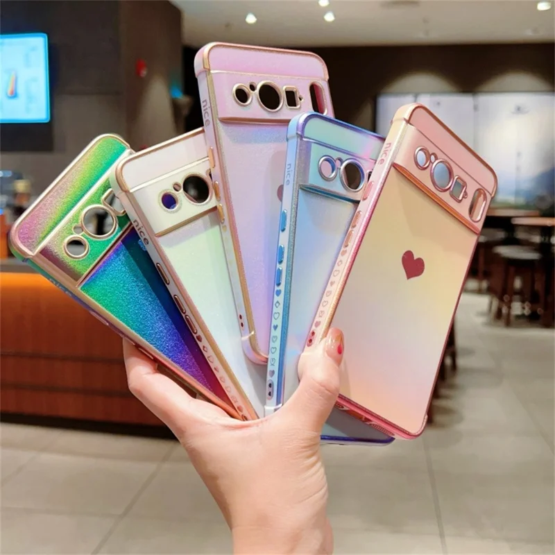 For Google Pixel 8 Pro Case Dazzling Design Electroplating Heart Pattern TPU Phone Cover - Colorful