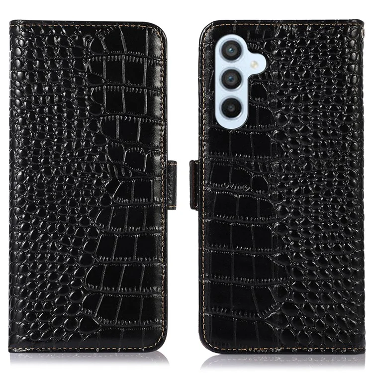 Para Samsung Galaxy A34 5G RFID Blocking Book Style Phone Case Crocodile Texture Genuine Cowhide Leather Wallet Stand Anti-scratch Phone Cover - Black