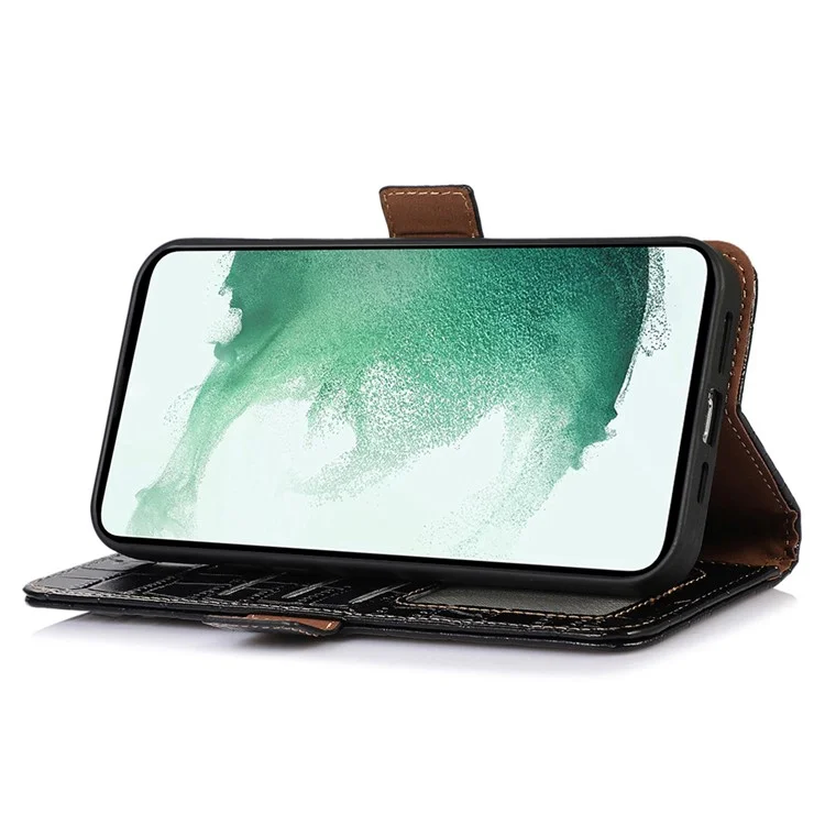 Para Samsung Galaxy A34 5G RFID Blocking Book Style Phone Case Crocodile Texture Genuine Cowhide Leather Wallet Stand Anti-scratch Phone Cover - Black