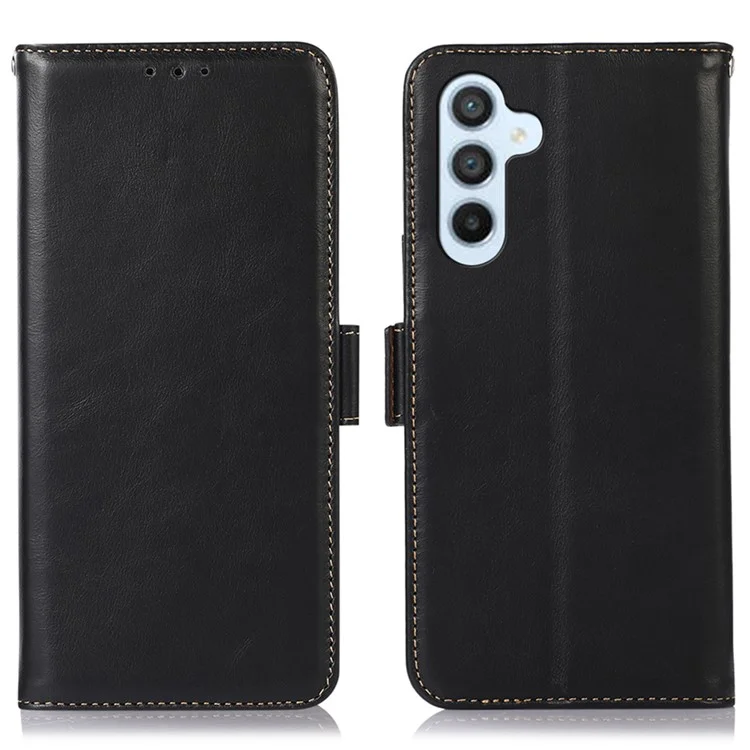For Samsung Galaxy A34 5G Full Coverage Crazy Horse Texture RFID Blocking Phone Case Genuine Cowhide Leather Stand Magnetic Cell Phone Flip Wallet Cover - Black