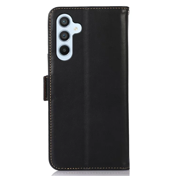 For Samsung Galaxy A34 5G Full Coverage Crazy Horse Texture RFID Blocking Phone Case Genuine Cowhide Leather Stand Magnetic Cell Phone Flip Wallet Cover - Black