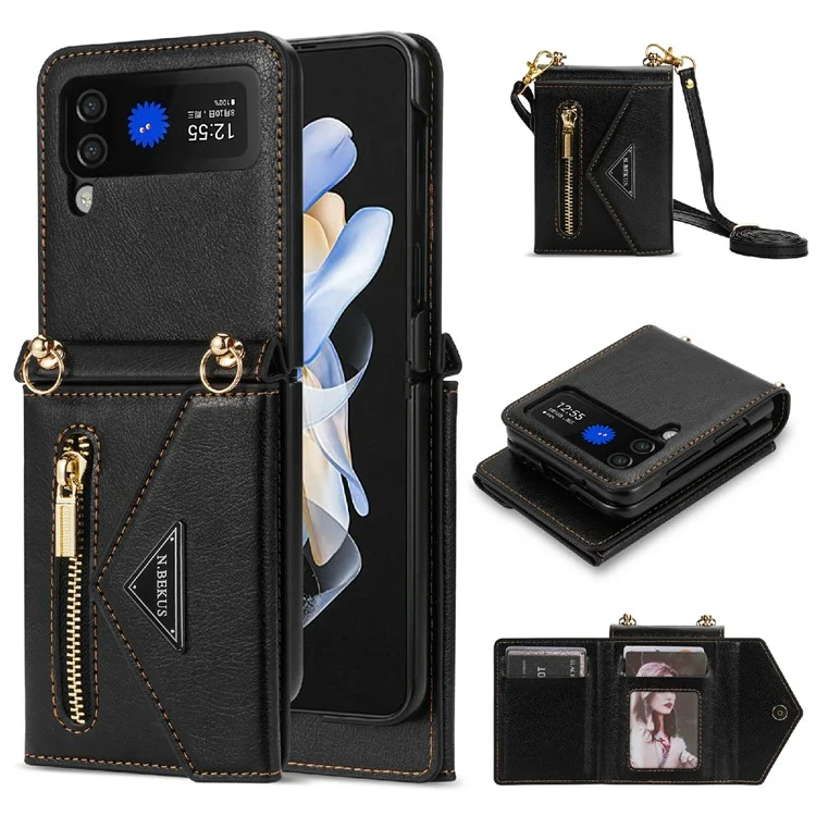 n. Bekus PU Lederbeschichtete PC -hülle Für Samsung Galaxy Z Flip4 5G, Kartenschlitze Halter Reißverschluss Pocket Pocke Rückseite Mit Schultergurt - Schwarz