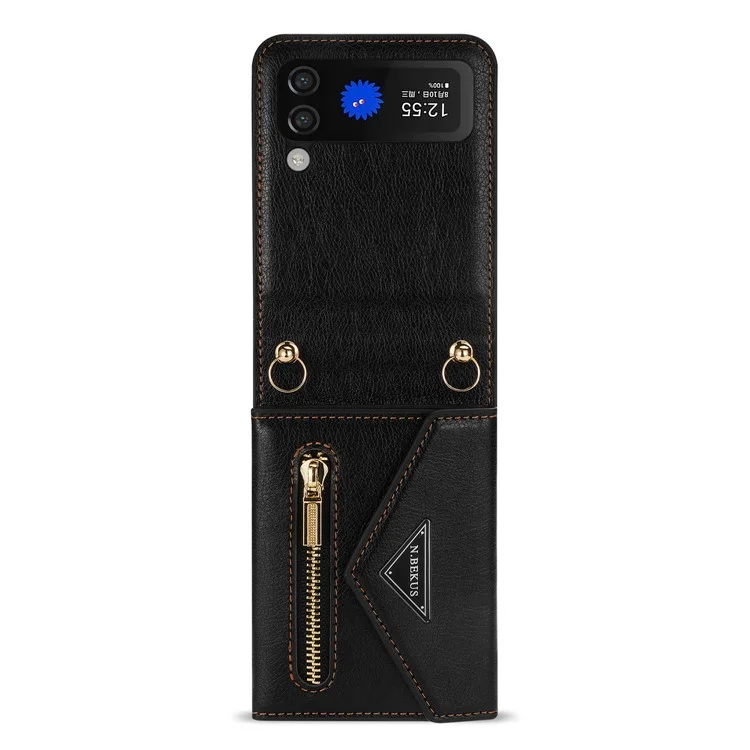 n. Bekus PU Lederbeschichtete PC -hülle Für Samsung Galaxy Z Flip4 5G, Kartenschlitze Halter Reißverschluss Pocket Pocke Rückseite Mit Schultergurt - Schwarz