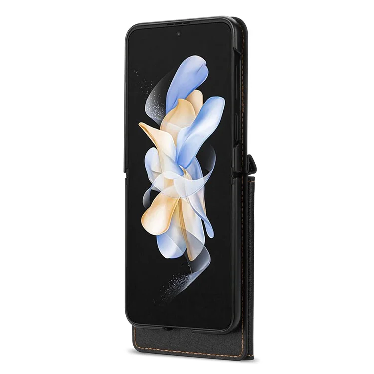 n. Bekus PU Lederbeschichtete PC -hülle Für Samsung Galaxy Z Flip4 5G, Kartenschlitze Halter Reißverschluss Pocket Pocke Rückseite Mit Schultergurt - Schwarz