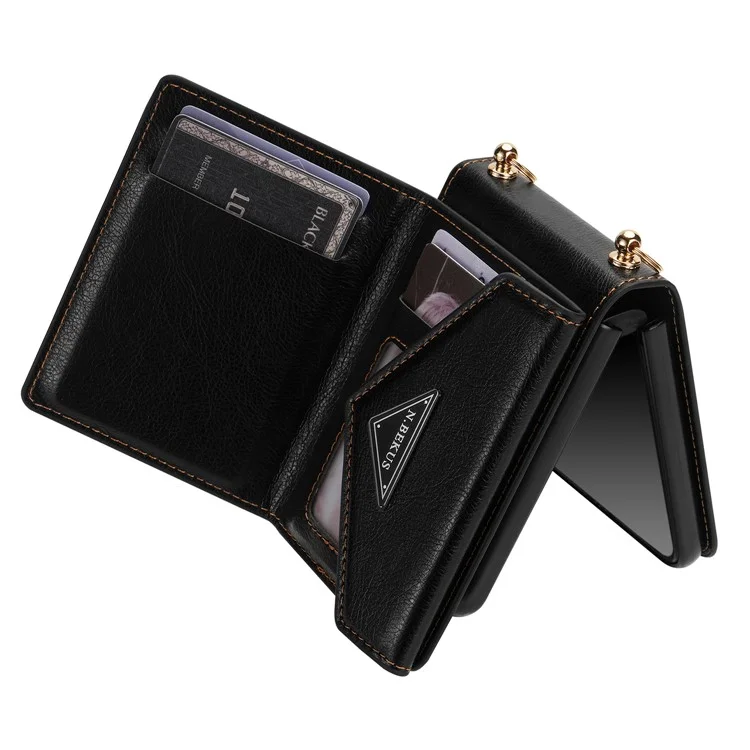 n. Bekus PU Lederbeschichtete PC -hülle Für Samsung Galaxy Z Flip4 5G, Kartenschlitze Halter Reißverschluss Pocket Pocke Rückseite Mit Schultergurt - Schwarz