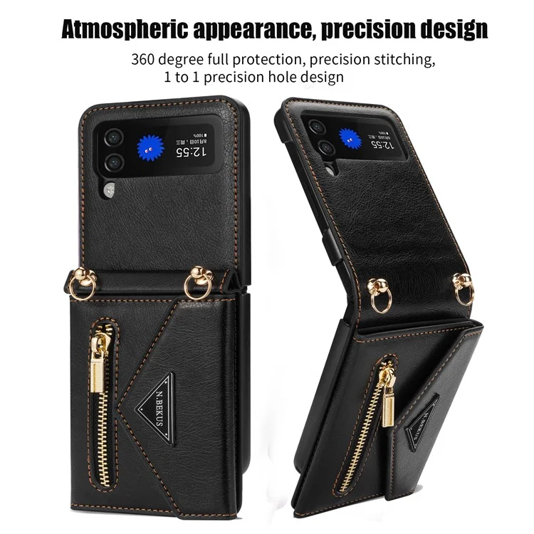 n. Bekus PU Lederbeschichtete PC -hülle Für Samsung Galaxy Z Flip4 5G, Kartenschlitze Halter Reißverschluss Pocket Pocke Rückseite Mit Schultergurt - Schwarz