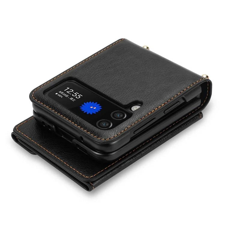 n. Bekus PU Lederbeschichtete PC -hülle Für Samsung Galaxy Z Flip4 5G, Kartenschlitze Halter Reißverschluss Pocket Pocke Rückseite Mit Schultergurt - Schwarz