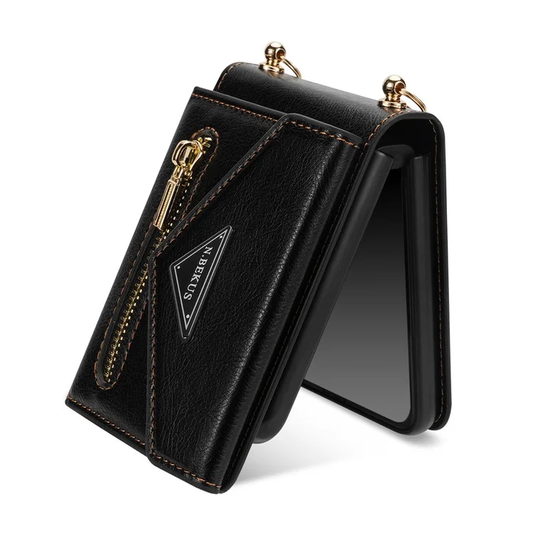 n. Bekus PU Lederbeschichtete PC -hülle Für Samsung Galaxy Z Flip4 5G, Kartenschlitze Halter Reißverschluss Pocket Pocke Rückseite Mit Schultergurt - Schwarz