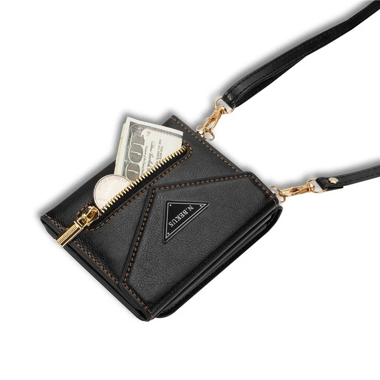 n. Bekus PU Lederbeschichtete PC -hülle Für Samsung Galaxy Z Flip4 5G, Kartenschlitze Halter Reißverschluss Pocket Pocke Rückseite Mit Schultergurt - Schwarz