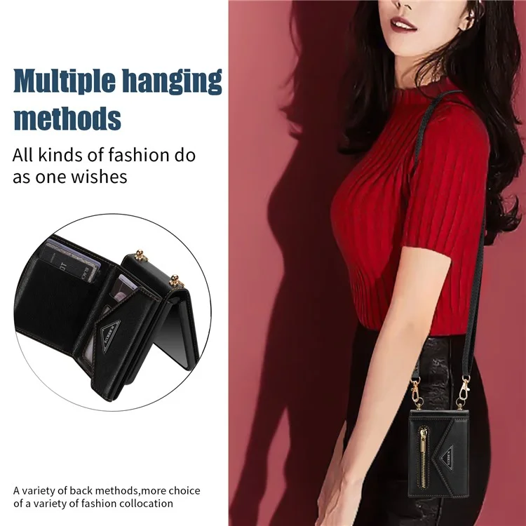 n. Bekus PU Lederbeschichtete PC -hülle Für Samsung Galaxy Z Flip3 5G, Drop Proof Card Slots Halter Reißverschluss Pocket Pocke Rückseite Mit Schultergurt - Schwarz