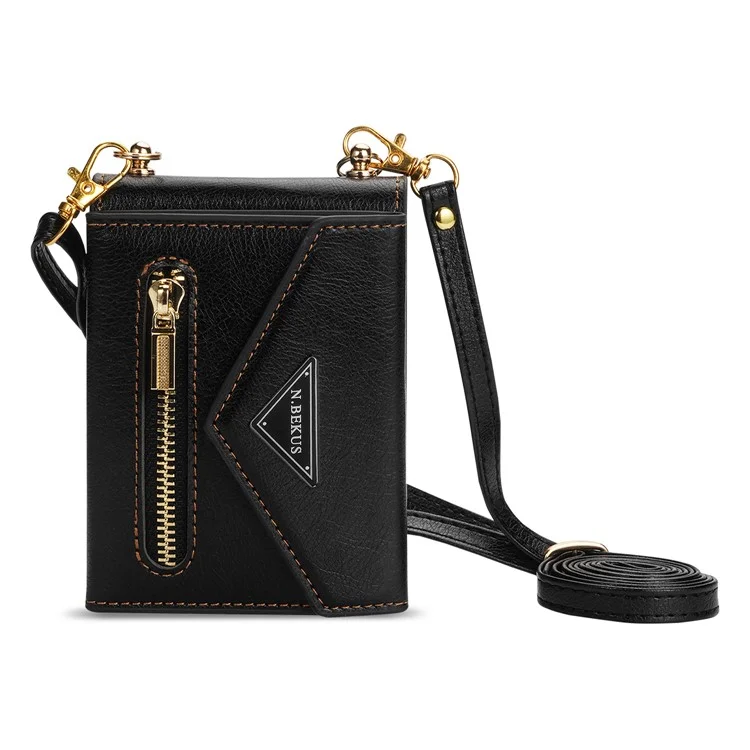 n. Bekus PU Lederbeschichtete PC -hülle Für Samsung Galaxy Z Flip3 5G, Drop Proof Card Slots Halter Reißverschluss Pocket Pocke Rückseite Mit Schultergurt - Schwarz