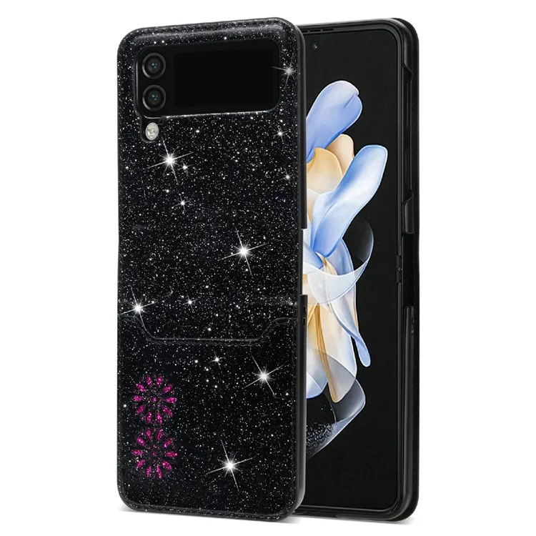 Für Samsung Galaxy Z Flip4 5G Kartensteckplatz Design Laserschnitzer Glitzernder Sternenstar -leder -leder -hard -pc -hülle Rückdecke - Schwarz