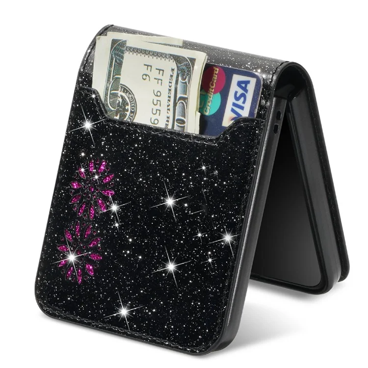 Für Samsung Galaxy Z Flip4 5G Kartensteckplatz Design Laserschnitzer Glitzernder Sternenstar -leder -leder -hard -pc -hülle Rückdecke - Schwarz