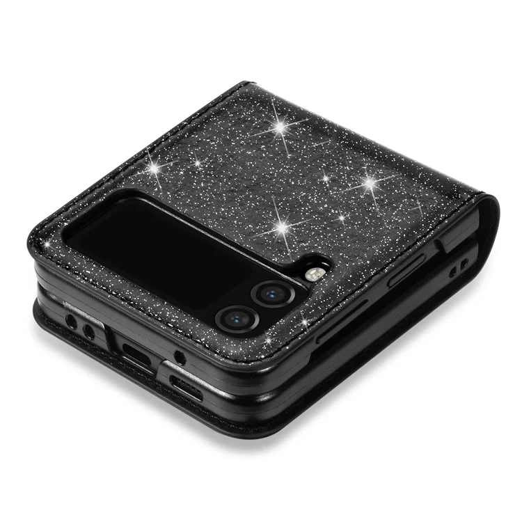 Für Samsung Galaxy Z Flip4 5G Kartensteckplatz Design Laserschnitzer Glitzernder Sternenstar -leder -leder -hard -pc -hülle Rückdecke - Schwarz