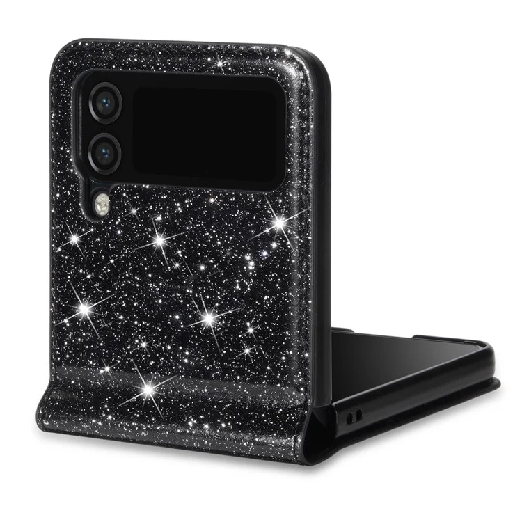 Für Samsung Galaxy Z Flip4 5G Kartensteckplatz Design Laserschnitzer Glitzernder Sternenstar -leder -leder -hard -pc -hülle Rückdecke - Schwarz