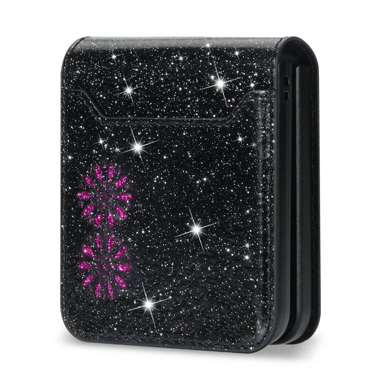Für Samsung Galaxy Z Flip4 5G Kartensteckplatz Design Laserschnitzer Glitzernder Sternenstar -leder -leder -hard -pc -hülle Rückdecke - Schwarz