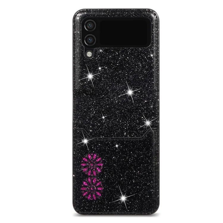 Für Samsung Galaxy Z Flip4 5G Kartensteckplatz Design Laserschnitzer Glitzernder Sternenstar -leder -leder -hard -pc -hülle Rückdecke - Schwarz