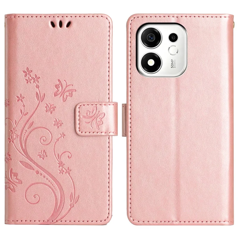 For Honor 600 Smart 5G Leather Wallet Case Butterfly Flower Imprinted Phone Cover with Strap - Rose Gold