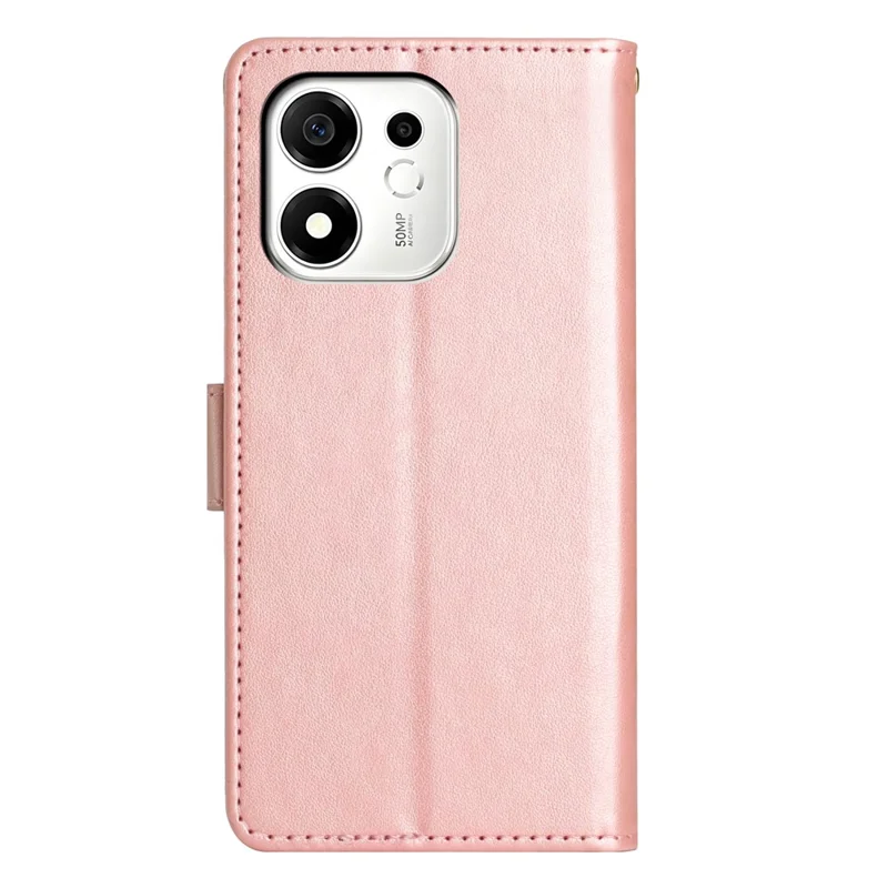 For Honor 600 Smart 5G Leather Wallet Case Butterfly Flower Imprinted Phone Cover with Strap - Rose Gold