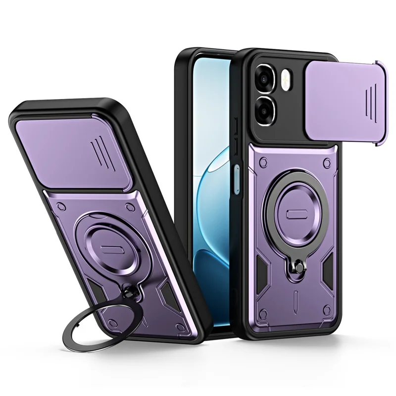 For Oppo A6 4G / A6x 5G (India) Case with Slide Lens Cover Rotatable Kickstand Shockproof TPU + PC Phone Shell - Purple