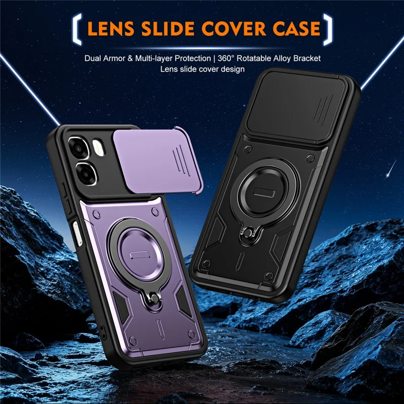 For Oppo A6 4G / A6x 5G (India) Case with Slide Lens Cover Rotatable Kickstand Shockproof TPU + PC Phone Shell - Purple