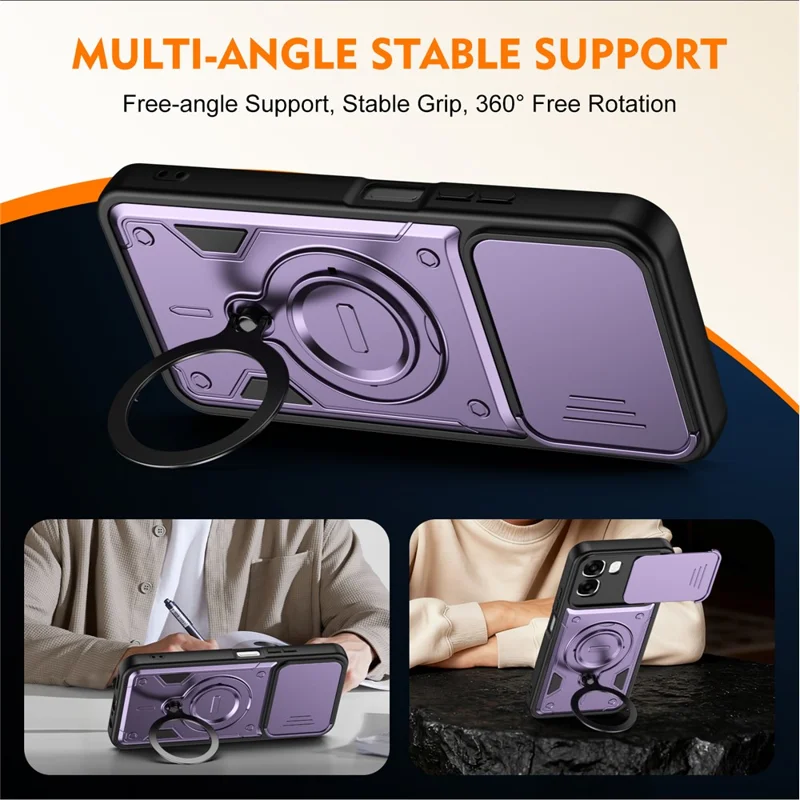 For Oppo A6 4G / A6x 5G (India) Case with Slide Lens Cover Rotatable Kickstand Shockproof TPU + PC Phone Shell - Purple