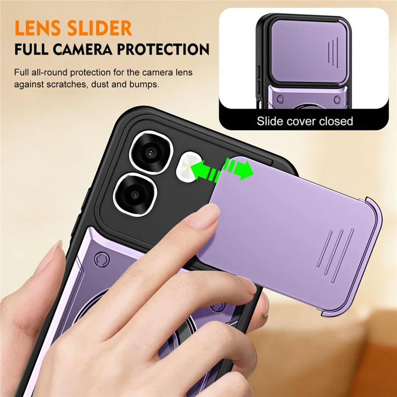 For Oppo A6 4G / A6x 5G (India) Case with Slide Lens Cover Rotatable Kickstand Shockproof TPU + PC Phone Shell - Purple