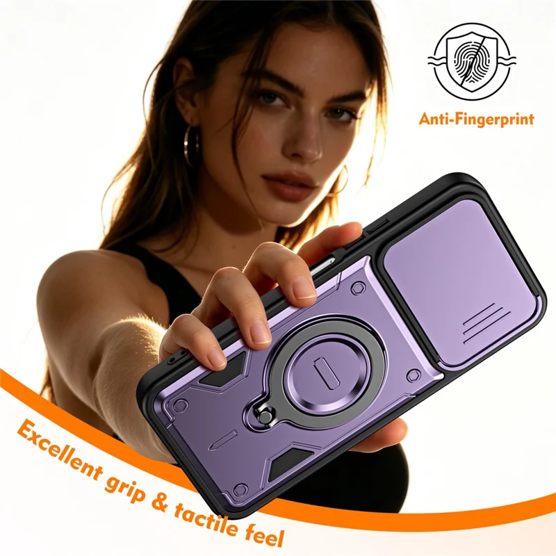 For Oppo A6 4G / A6x 5G (India) Case with Slide Lens Cover Rotatable Kickstand Shockproof TPU + PC Phone Shell - Purple