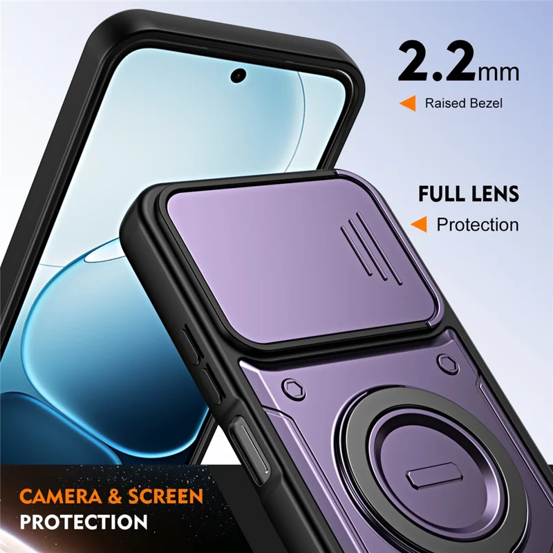 For Oppo A6 4G / A6x 5G (India) Case with Slide Lens Cover Rotatable Kickstand Shockproof TPU + PC Phone Shell - Purple