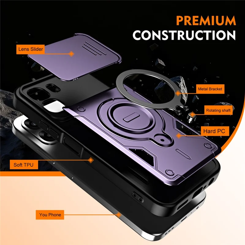 For Oppo A6 4G / A6x 5G (India) Case with Slide Lens Cover Rotatable Kickstand Shockproof TPU + PC Phone Shell - Purple