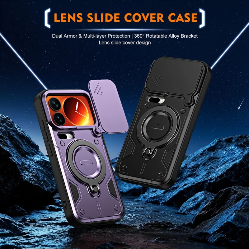 For Xiaomi 17 Pro Case with Slide Lens Cover Rotatable Kickstand Shockproof TPU + PC Phone Shell - Purple
