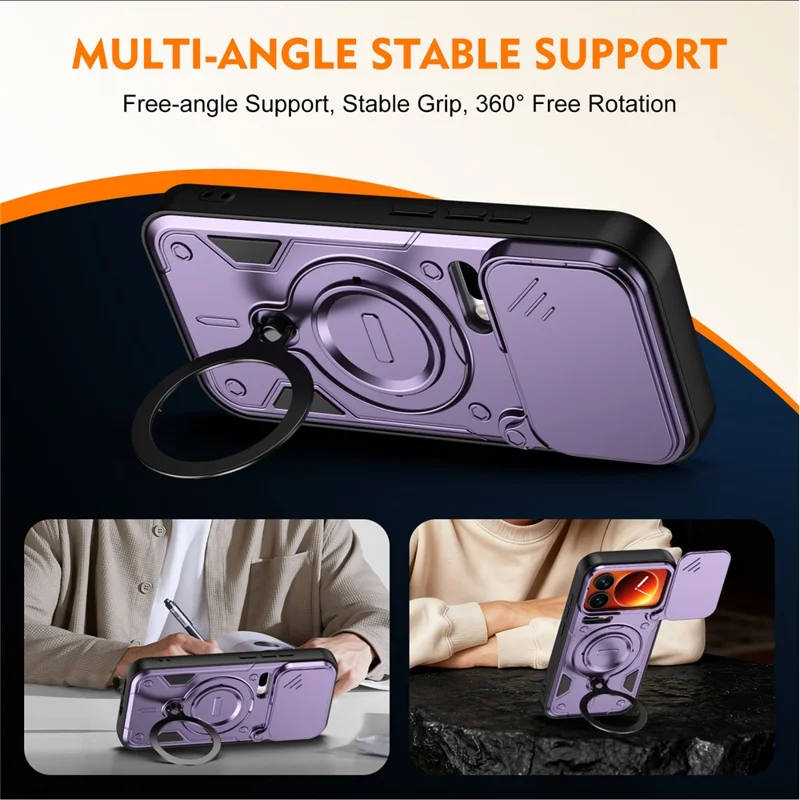 For Xiaomi 17 Pro Case with Slide Lens Cover Rotatable Kickstand Shockproof TPU + PC Phone Shell - Purple