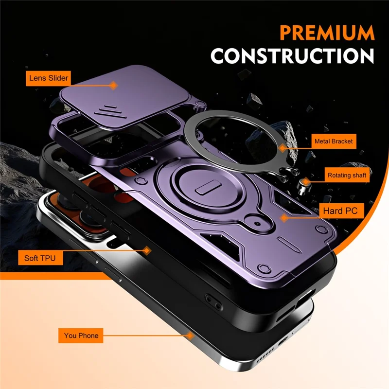 For Xiaomi 17 Pro Case with Slide Lens Cover Rotatable Kickstand Shockproof TPU + PC Phone Shell - Purple